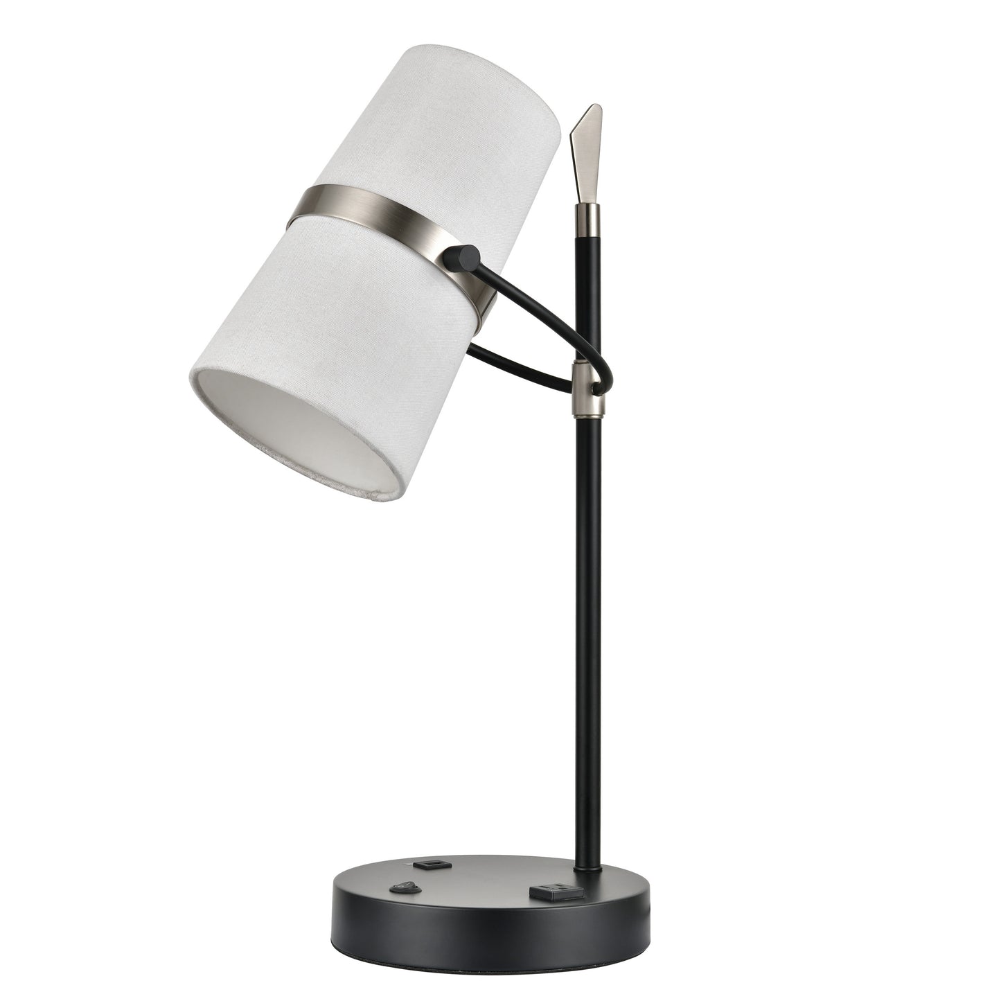Powder Coated Matte Black & Brushed Nickel Table Lamp – 40W E26, White Fabric Shade, USB & Outlet