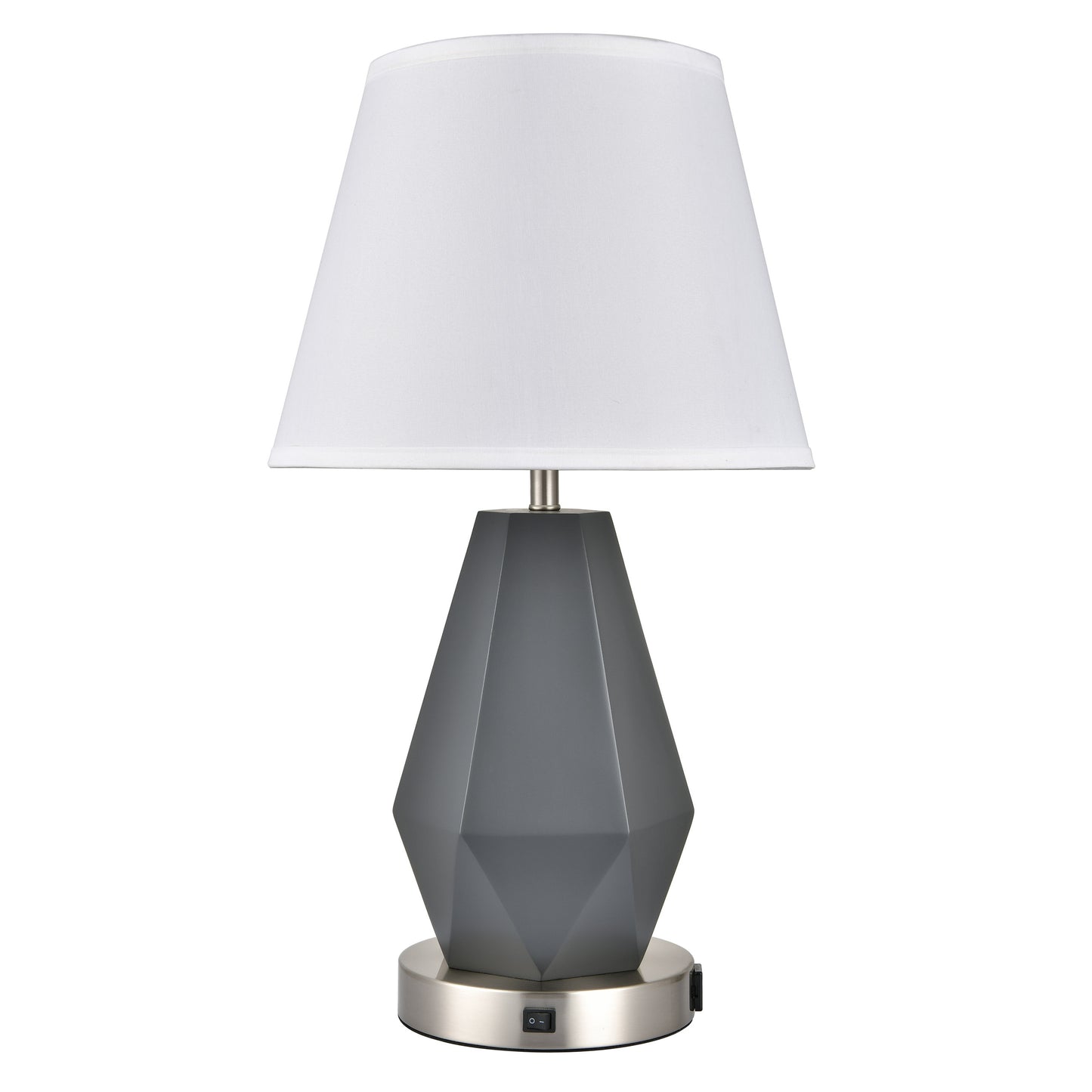 Brushed Nickel & Grey Table Lamp – 100W E26, White Fabric Shade, USB & Outlet