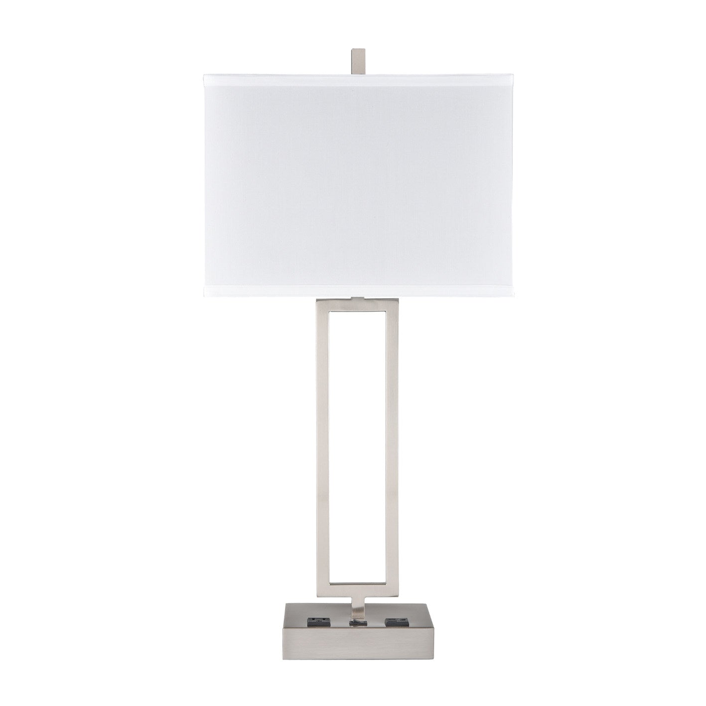 Brushed Nickel Table Lamp – White Fabric Shade with 2 Outlets, 100W Max