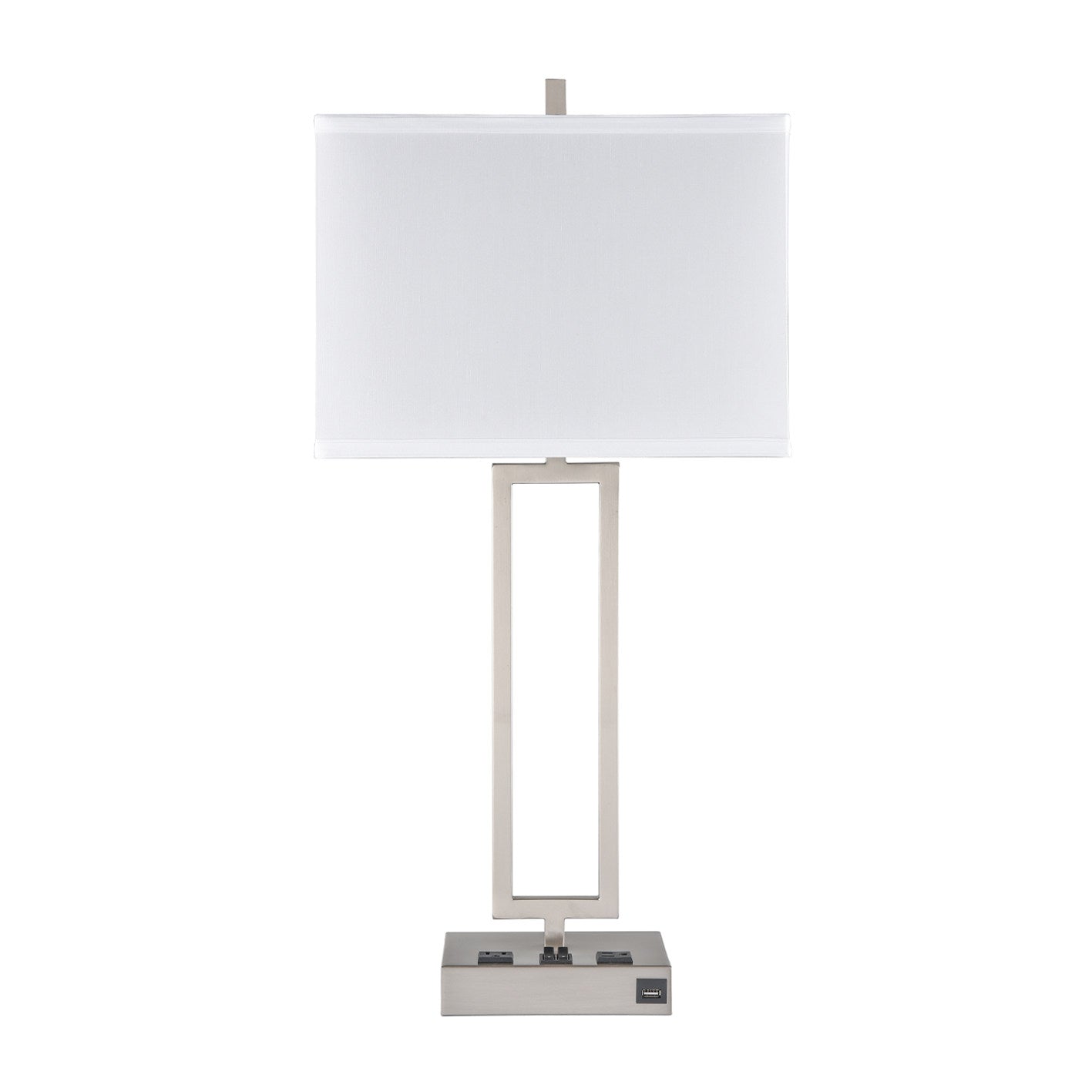 Brushed Nickel Table Lamp – White Fabric Shade with 2 Outlets & 1 USB, 100W Max