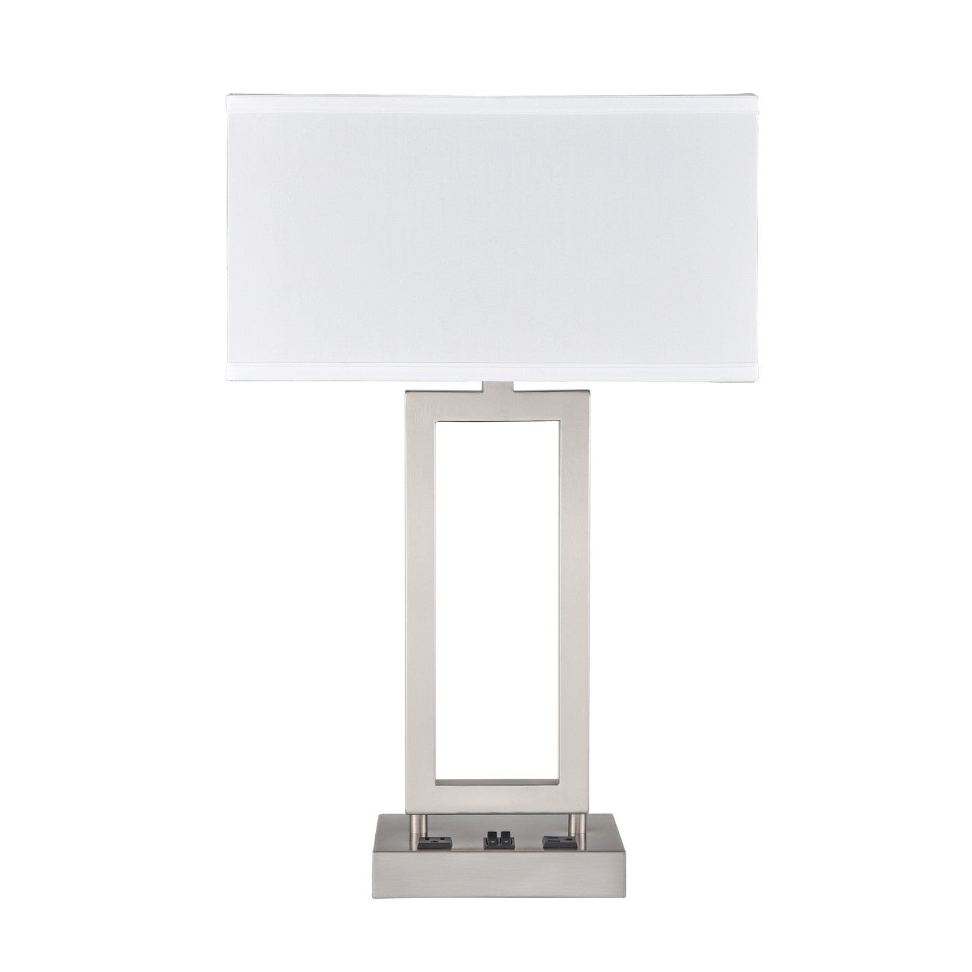 Brushed Nickel Table Lamp – White Fabric Shade with 2 Outlets, 60W Max