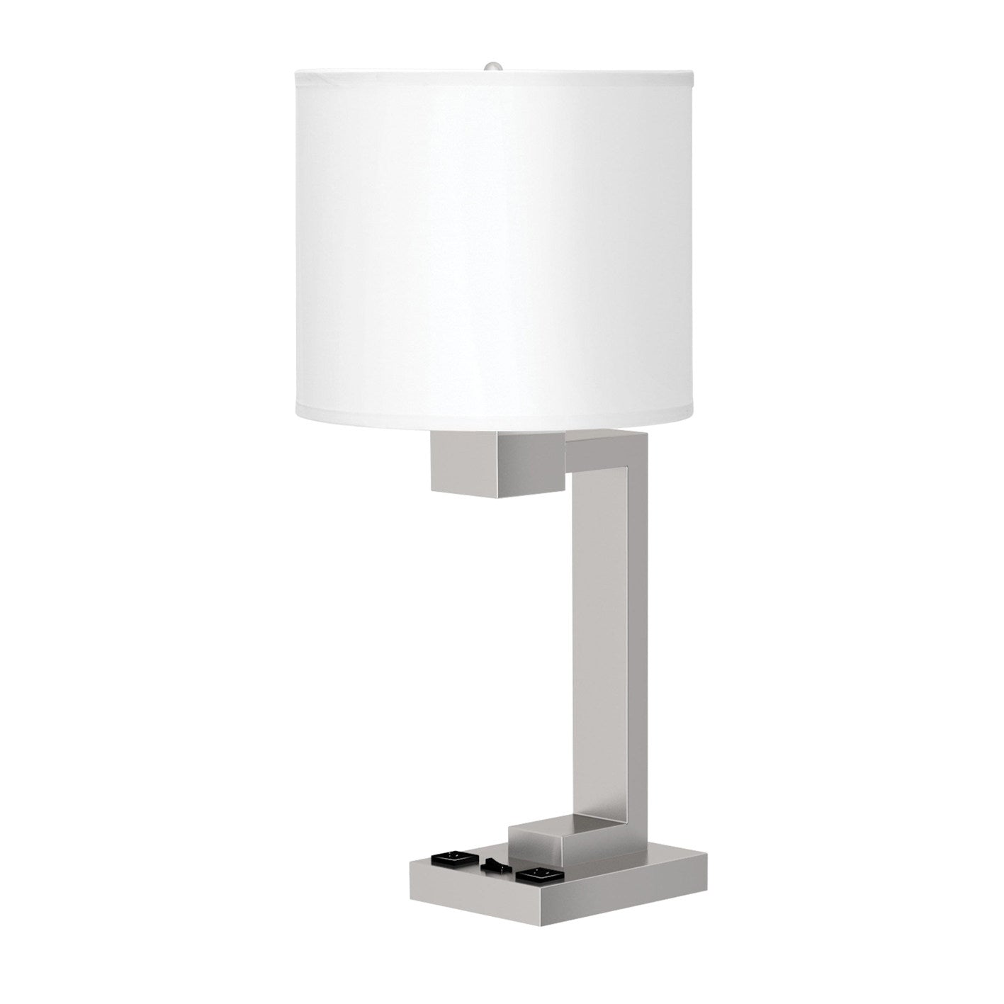 Brushed Nickel Table Lamp – White Fabric Shade with 2 Outlets, 100W Max