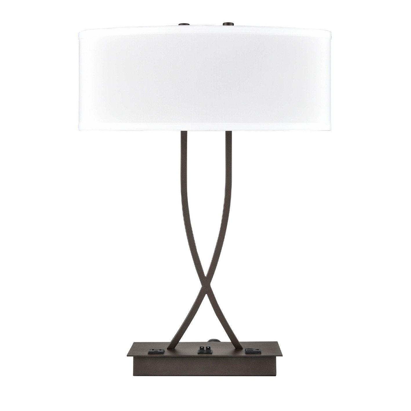 Dark Bronze Table Lamp – White Fabric Shade with 2 Outlets, 60W Max