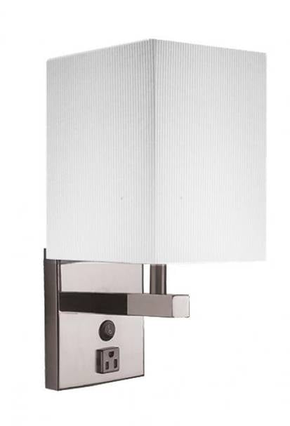 Brushed Nickel Headboard Wall Lamp with White Ribbed Shade & Outlet – 32W (HLHW10015)