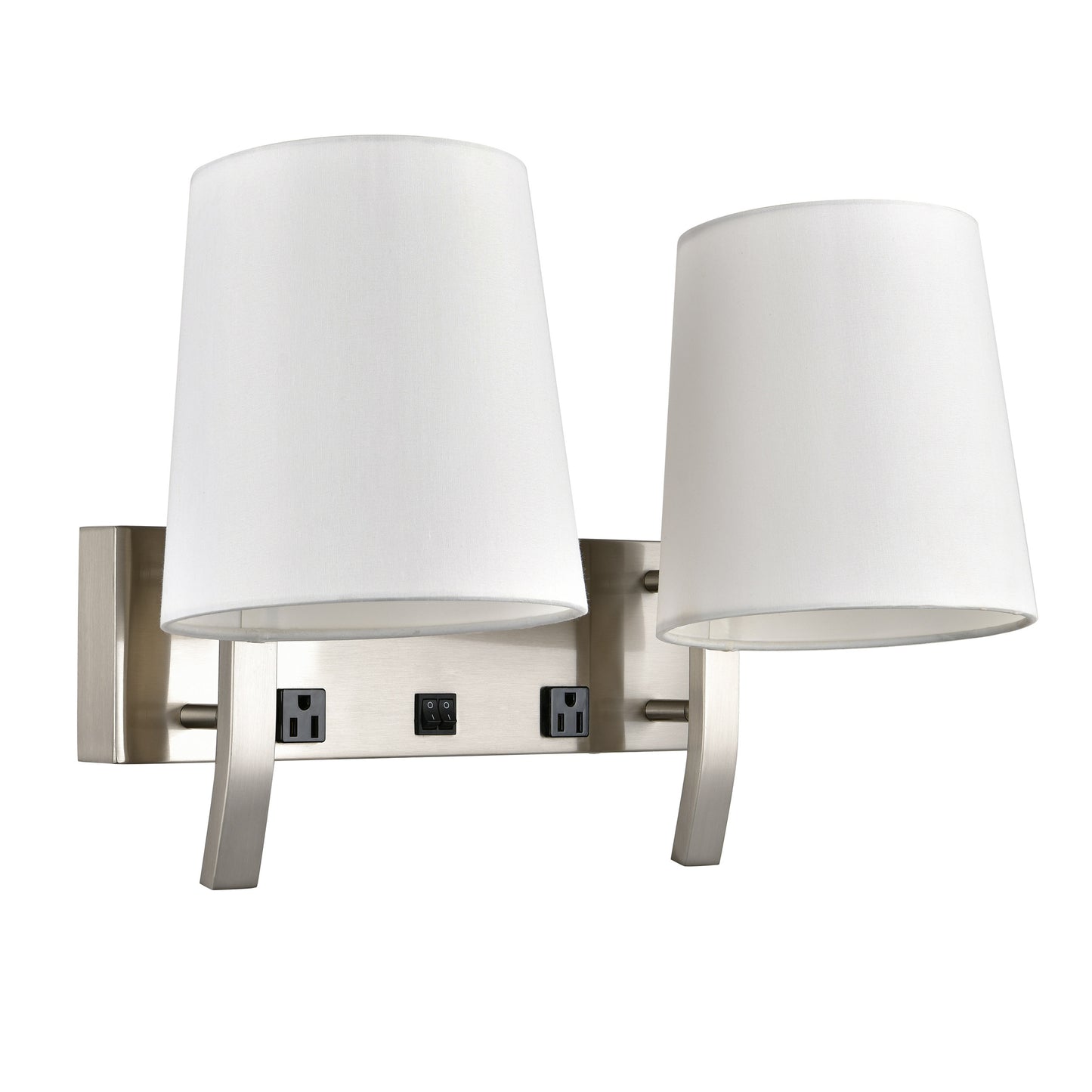 Brushed Nickel Wall Lamp with Two Outlets – Wall-Mounted Bedroom Light, 60W