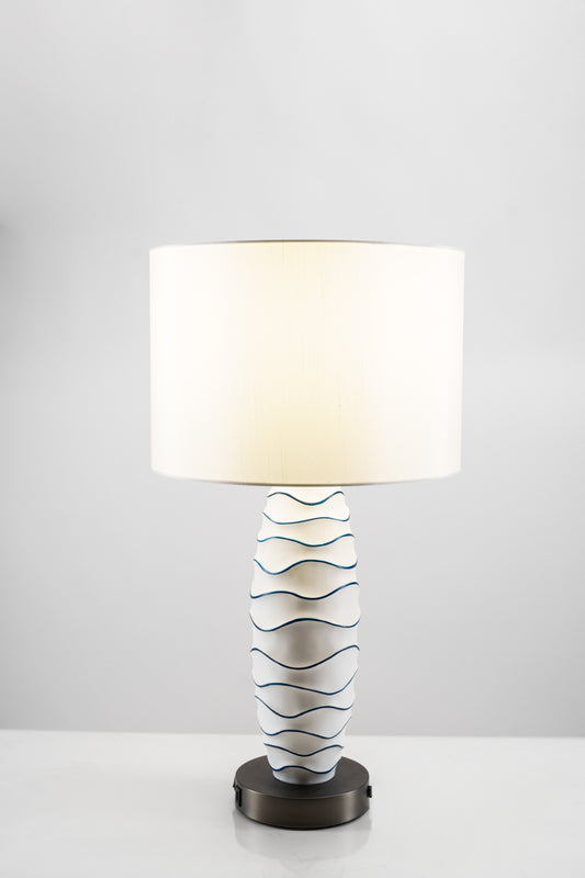 Coastal Blue Wave Table Lamp – Hand-Painted Ocean Design with USB & Outlet