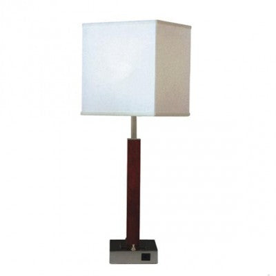 Nightstand Table Lamp with Built-In Outlet – White Linen Shade & Satin Nickel Base