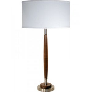 Hotel Guestroom Nightstand Table Lamp – Satin Nickel Metal Base with Wood Body and White Linen Shade