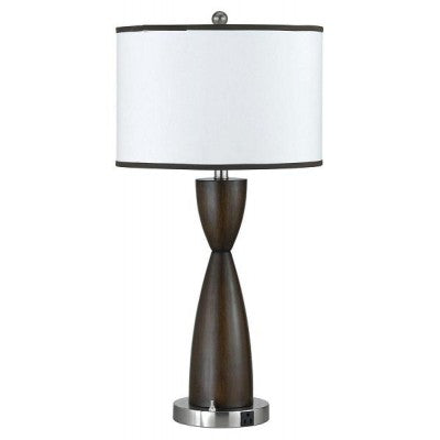 Wooden Table Lamp for Hotel – Satin Nickel Base with White Linen Shade and Power Outlet
