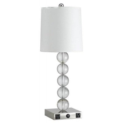 Guestroom Table Lamp with Outlets – Brushed Nickel & Clear Glass Base with White Linen Shade