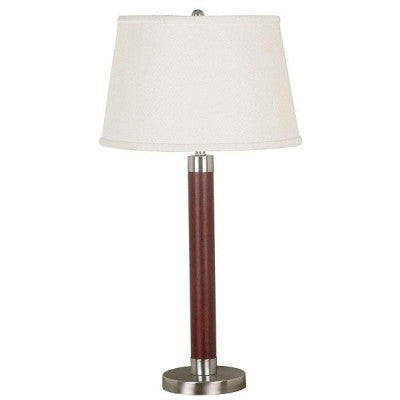 Hotel Table Lamp – Walnut Painted Wood with Satin Nickel Base and White Linen Shade