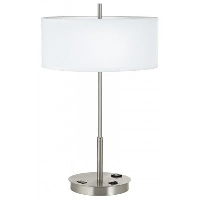Table Lamp with USB Port – Brushed Nickel with White Linen Shade and Power Outlet