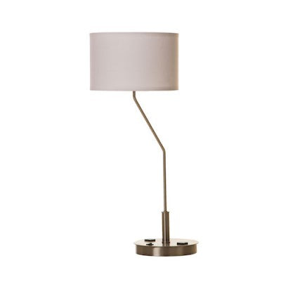 Fairfield Inn Single Nightstand Table Lamp – Brushed Nickel with White Linen Shade and Outlets