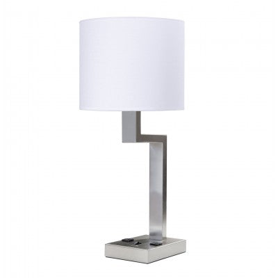 Comfort Inn and Suites Truly Yours Single Table Lamp – Brushed Nickel with White Drum Shade and Outlets