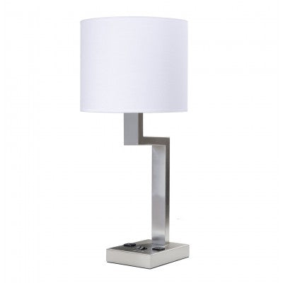 Comfort Inn and Suites Truly Yours Double Table Lamp – Brushed Nickel with White Drum Shades and Outlets