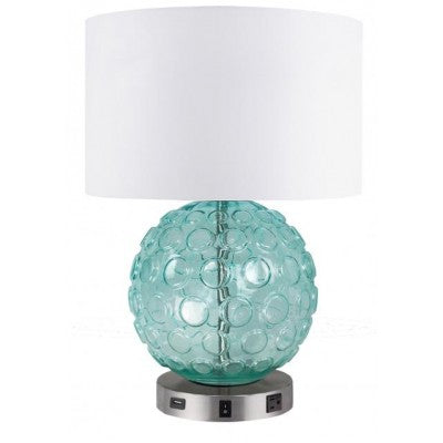 Home2 Chelsea Nightstand Table Lamp – Aqua Glass Base with Satin Nickel, USB & Convenience Outlet