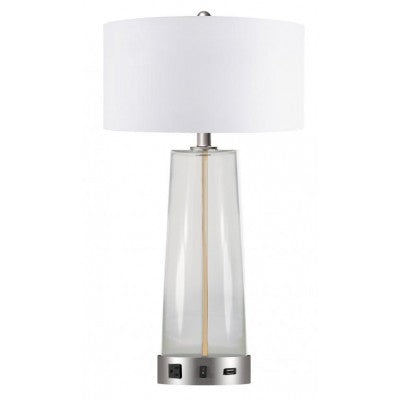 Home2 Chelsea Clear Glass Side Table Lamp – Satin Nickel Base with USB & Homespun Ivory Linen Shade