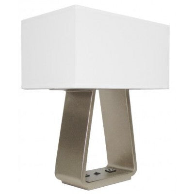 Best Western Table Lamp with Dual Electrical Outlets – Silver Finish with White Linen Shade