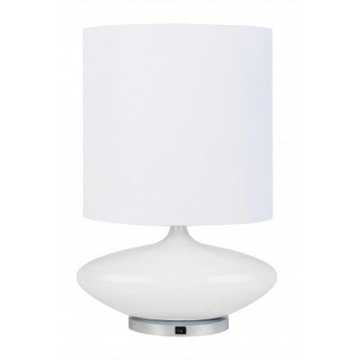 HGI Guest Room Table Lamp – High Gloss White & Polished Chrome with Oval White Linen Shade
