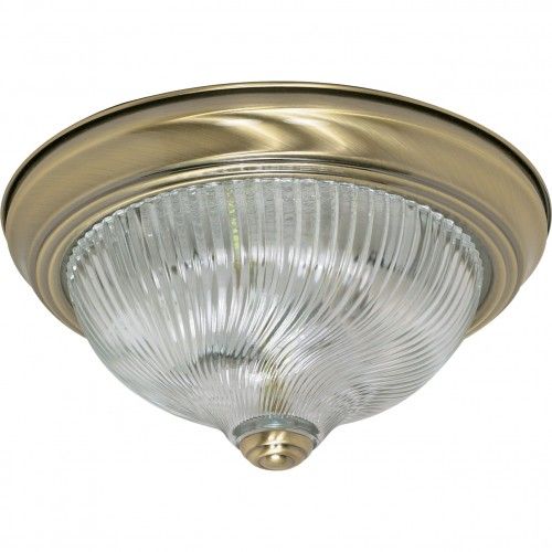11” Flush Mount Ceiling Light – Antique Brass Finish with Clear Swirl Glass (2-Light)