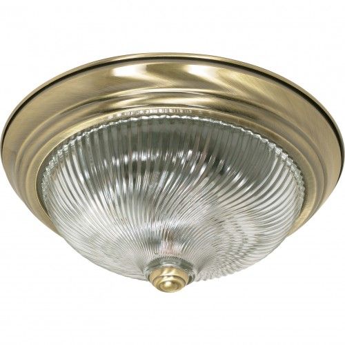 13” Flush Mount Ceiling Light – Antique Brass Finish with Clear Swirl Glass (2-Light)