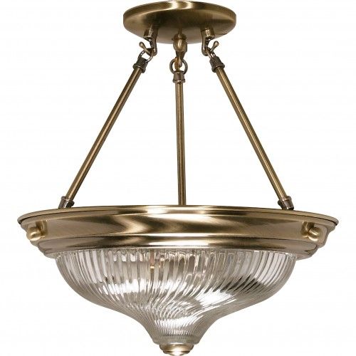 13” Semi-Flush Mount Ceiling Light – Antique Brass Finish with Clear Swirl Glass (2-Light)