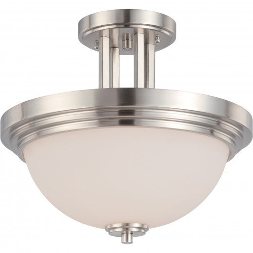 2-Light Semi-Flush Mount Ceiling Lamp – Brushed Nickel with White Satin Glass | Modern Indoor Lighting