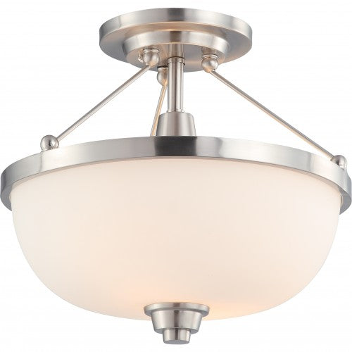 2-Light Semi Flush Mount Ceiling Light – Brushed Nickel Finish with White Satin Glass