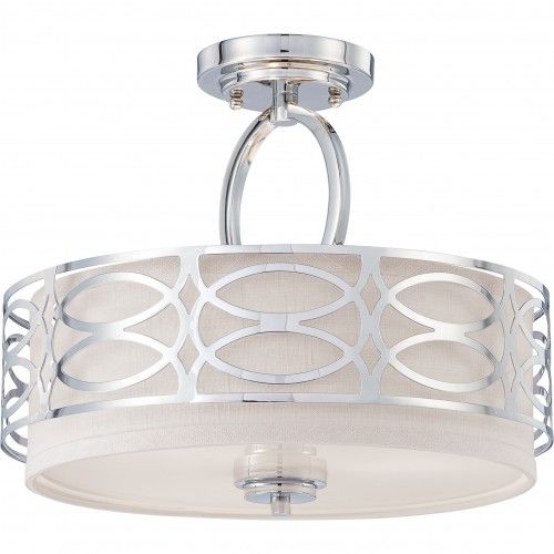 3-Light Semi Flush Mount Ceiling Light in Polished Nickel with Slate Gray Fabric Shades