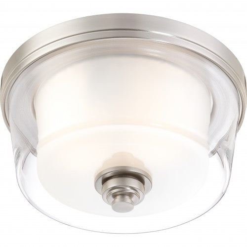 2-Light 13″ Flush Mount Ceiling Light in Brushed Nickel with Clear & Frosted Glass