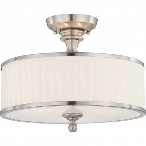 3-Light Brushed Nickel Mini Semi-Flush Ceiling Lamp with White Pleated Shade – Modern Fixture