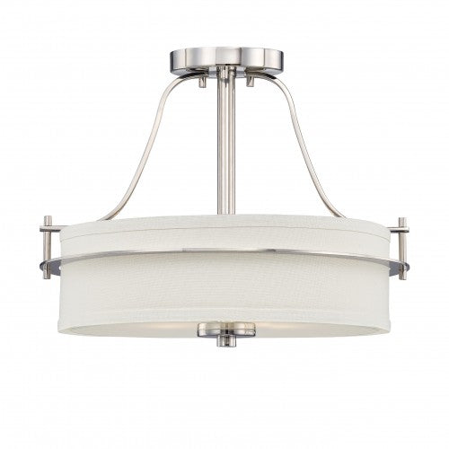 2-Light Polished Nickel Semi-Flush Ceiling Lamp with White Linen Shade – Modern Fixture