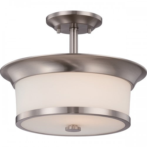2-Light Semi-Flush Mount Ceiling Lamp – Brushed Nickel with Satin White Glass | Modern Indoor Lighting
