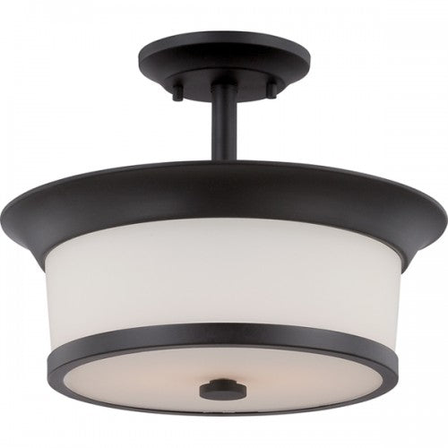 2-Light Semi Flush Mount Ceiling Light in Aged Bronze Finish with Satin White Glass