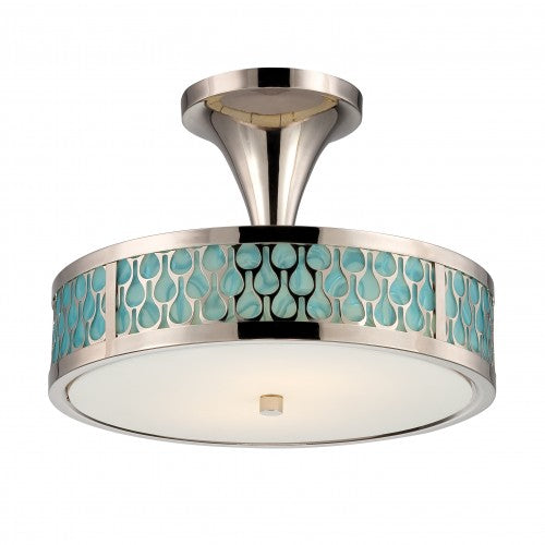 Semi Flush Mount LED Ceiling Light with White Glass & Aquamarine Insert in Polished Nickel Finish