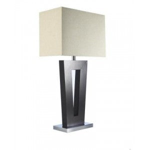 Hotel Guest Room Table Lamp – Black Wood Body with Satin Nickel Base and White Hardback Shade