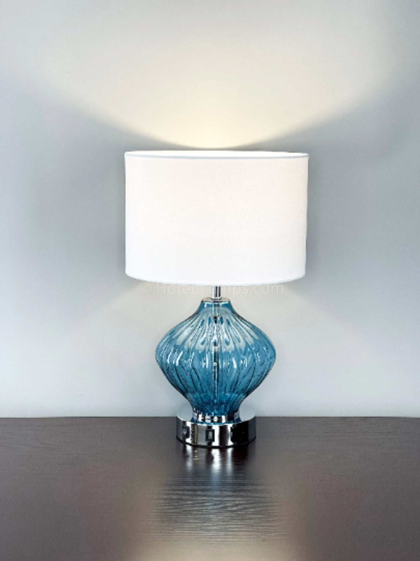 Blue Coastal Glass Table Lamp – Ribbed Glass with Chrome Base, USB & Outlet