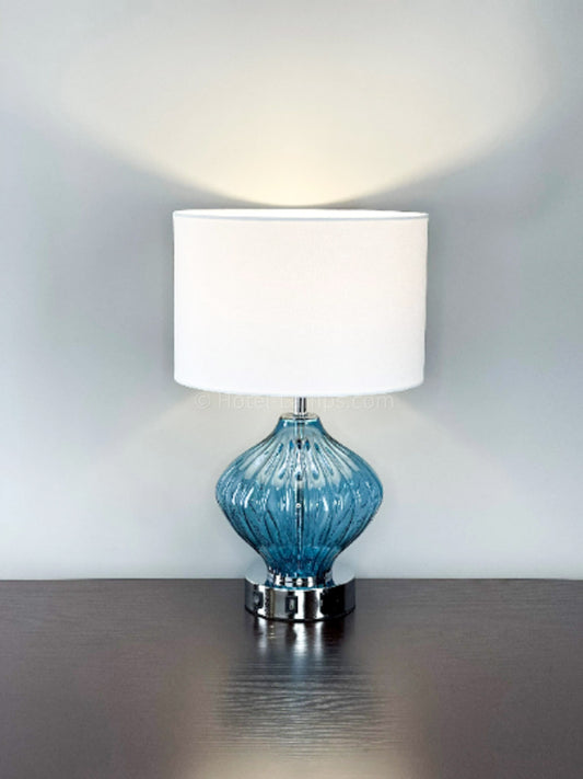 Blue Coastal Glass Table Lamp – Ribbed Glass with Chrome Base, USB & Outlet