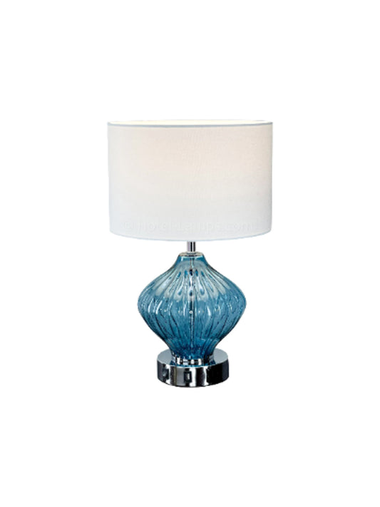 Blue Coastal Glass Table Lamp – Ribbed Glass with Chrome Base, USB & Outlet