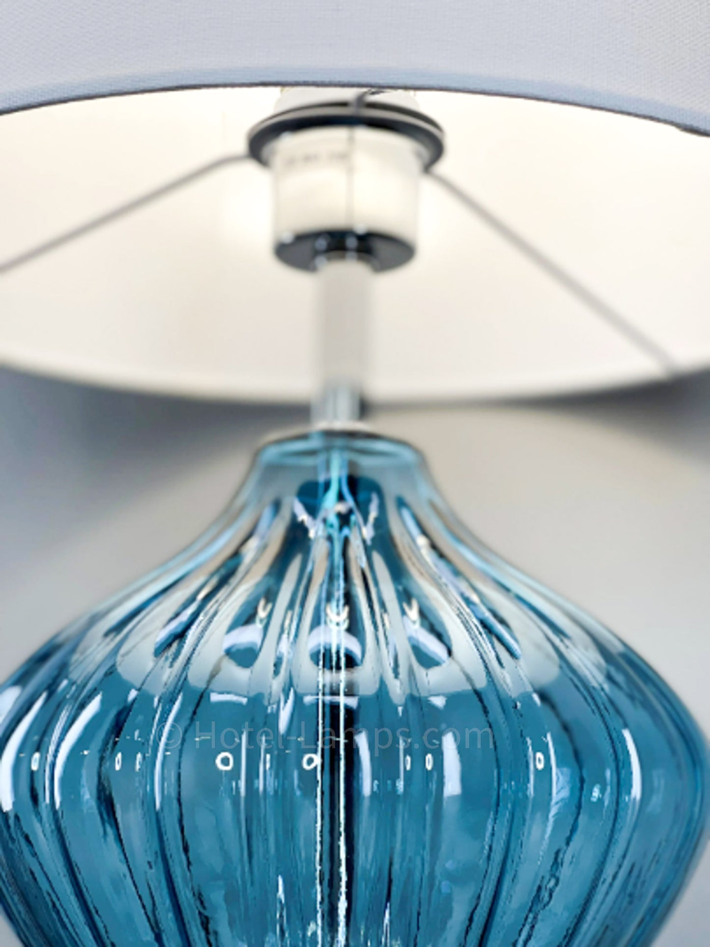 Blue Coastal Glass Table Lamp – Ribbed Glass with Chrome Base, USB & Outlet