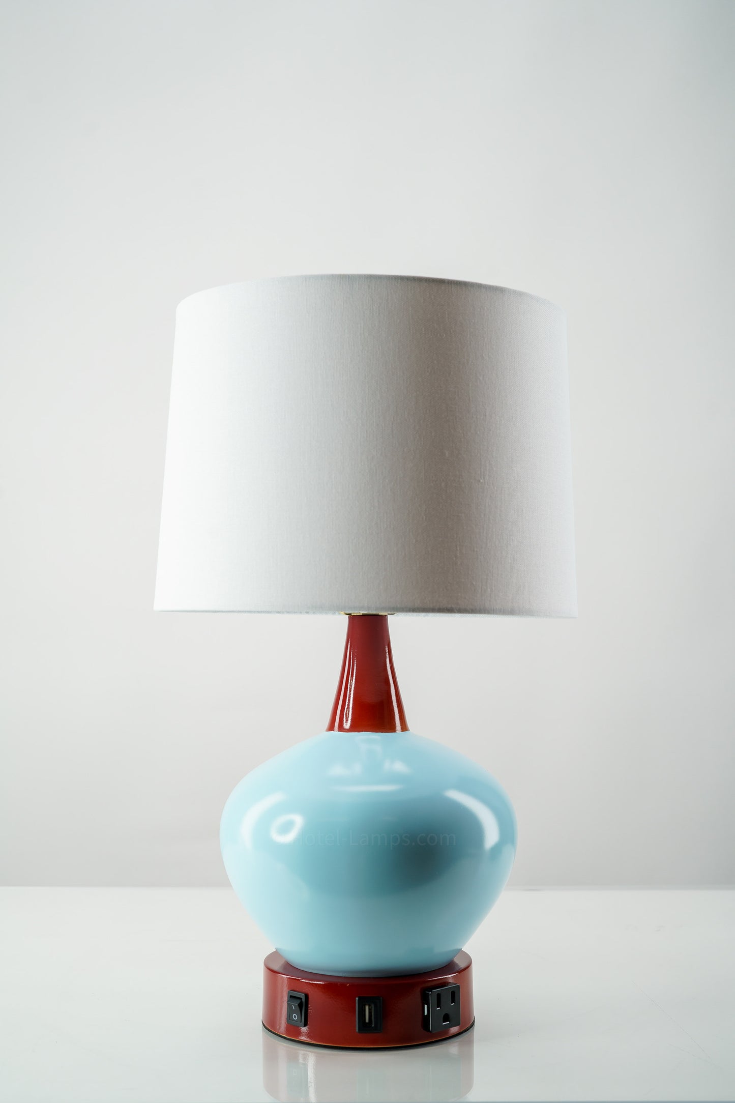 Baby Blue Ceramic Sphere Table Lamp with Red Accents – USB & Outlet Charging Ports