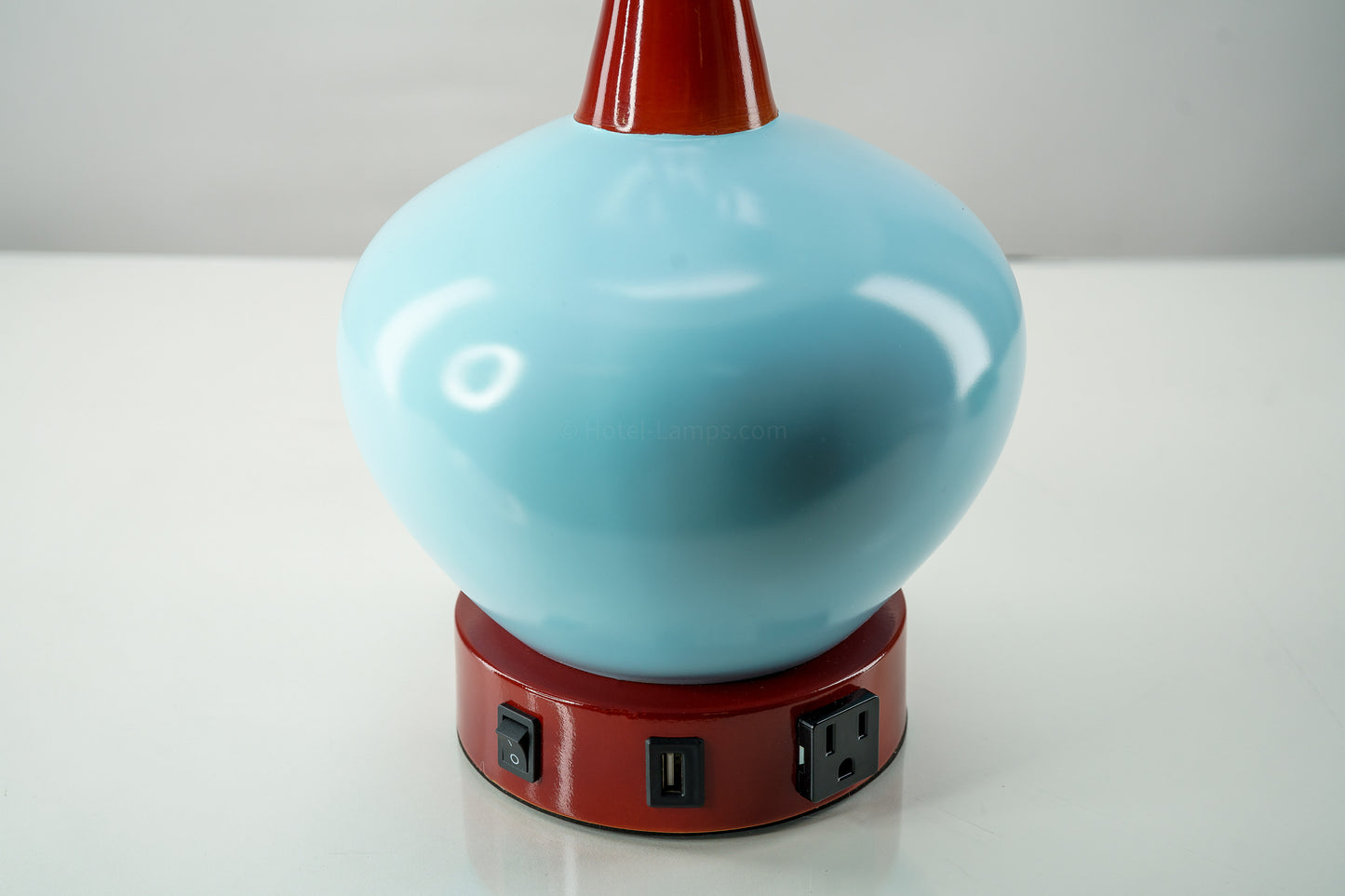Baby Blue Ceramic Sphere Table Lamp with Red Accents – USB & Outlet Charging Ports