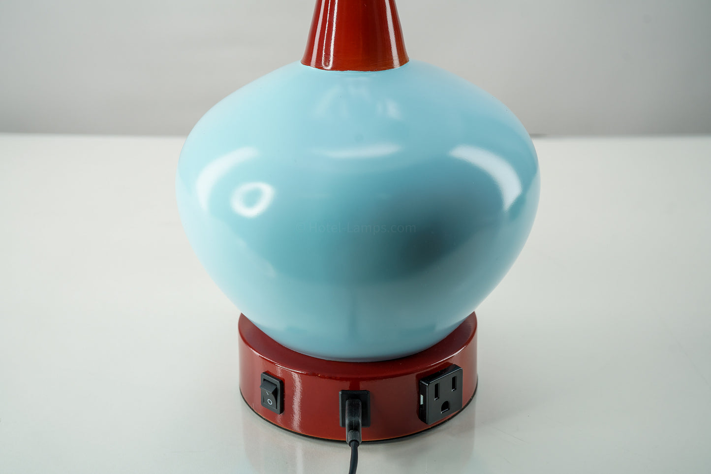 Baby Blue Ceramic Sphere Table Lamp with Red Accents – USB & Outlet Charging Ports