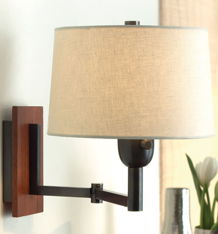 Beige Linen Shade Wall Sconce – Deep Patina Bronze with Cherry Wood Accents for Hotels