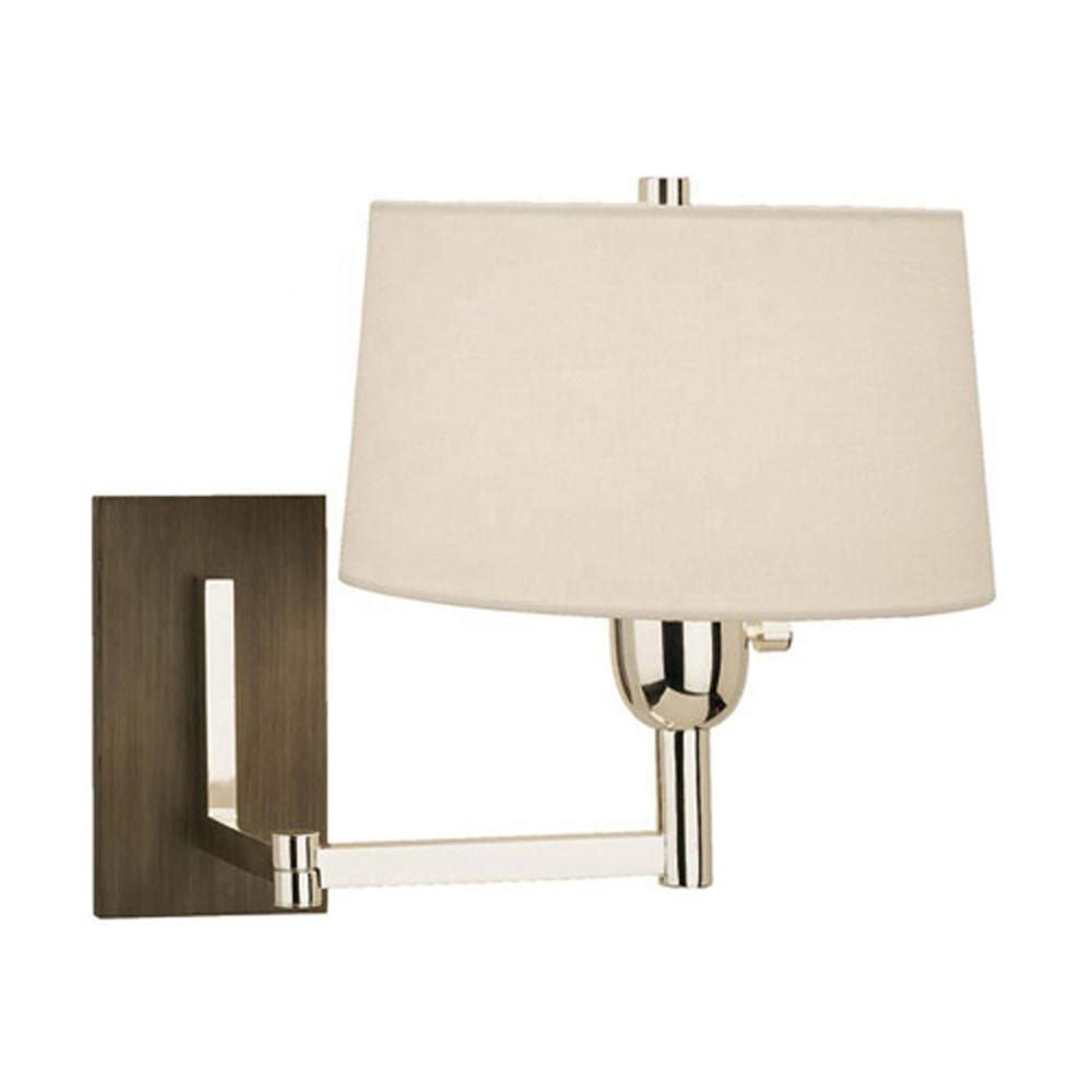Beige Linen Shade Wall Sconce – Deep Patina Bronze with Cherry Wood Accents for Hotels