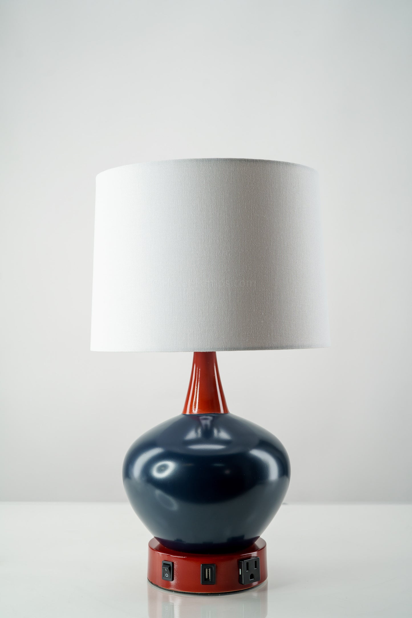 Blue Ceramic Sphere Table Lamp with Red Accents – USB & Outlet Charging Ports