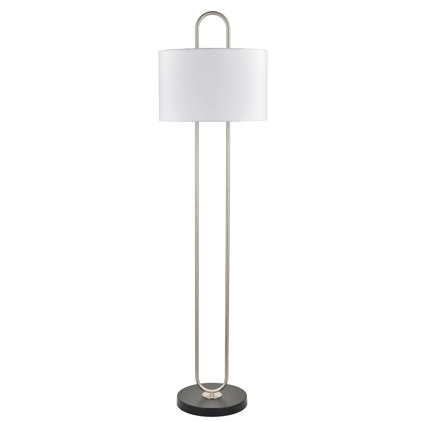 Brushed Nickel & Matte Black Floor Lamp – Dual E26 Sockets with White Fabric Shade