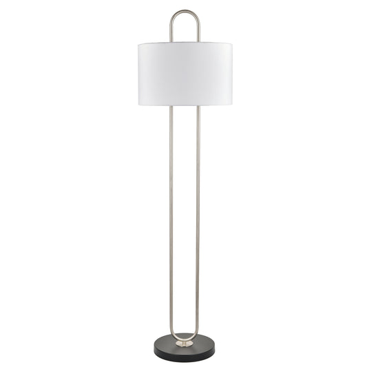 Brushed Nickel & Matte Black Floor Lamp – Dual E26 Sockets with White Fabric Shade