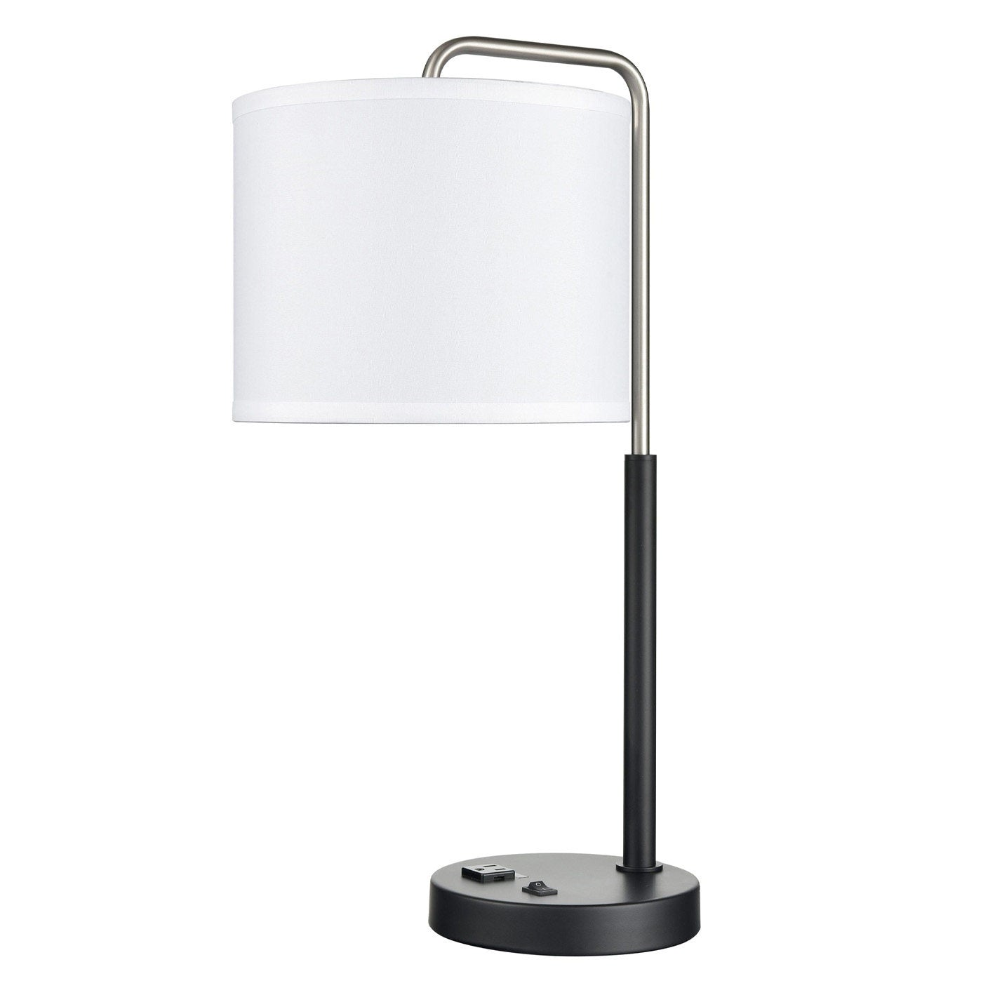 Brushed Nickel & Matte Black Table Lamp – White Fabric Shade with USB & Outlet