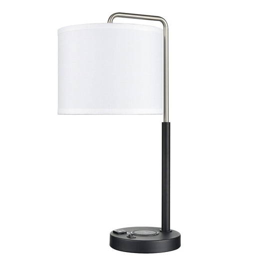 Brushed Nickel & Matte Black Table Lamp – White Fabric Shade with USB, Outlet & Qi Wireless Charging